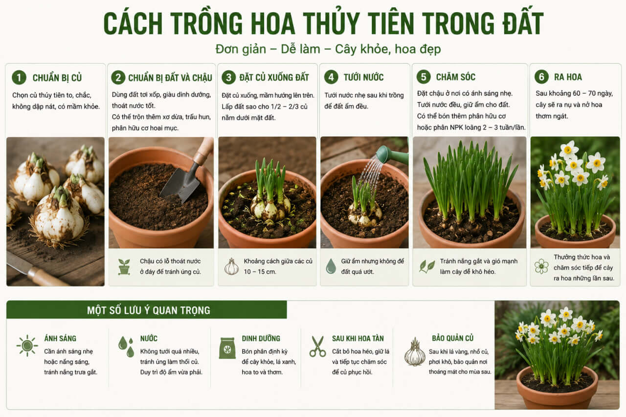 Cách trồng củ hoa thủy tiên trong đất tại nhà