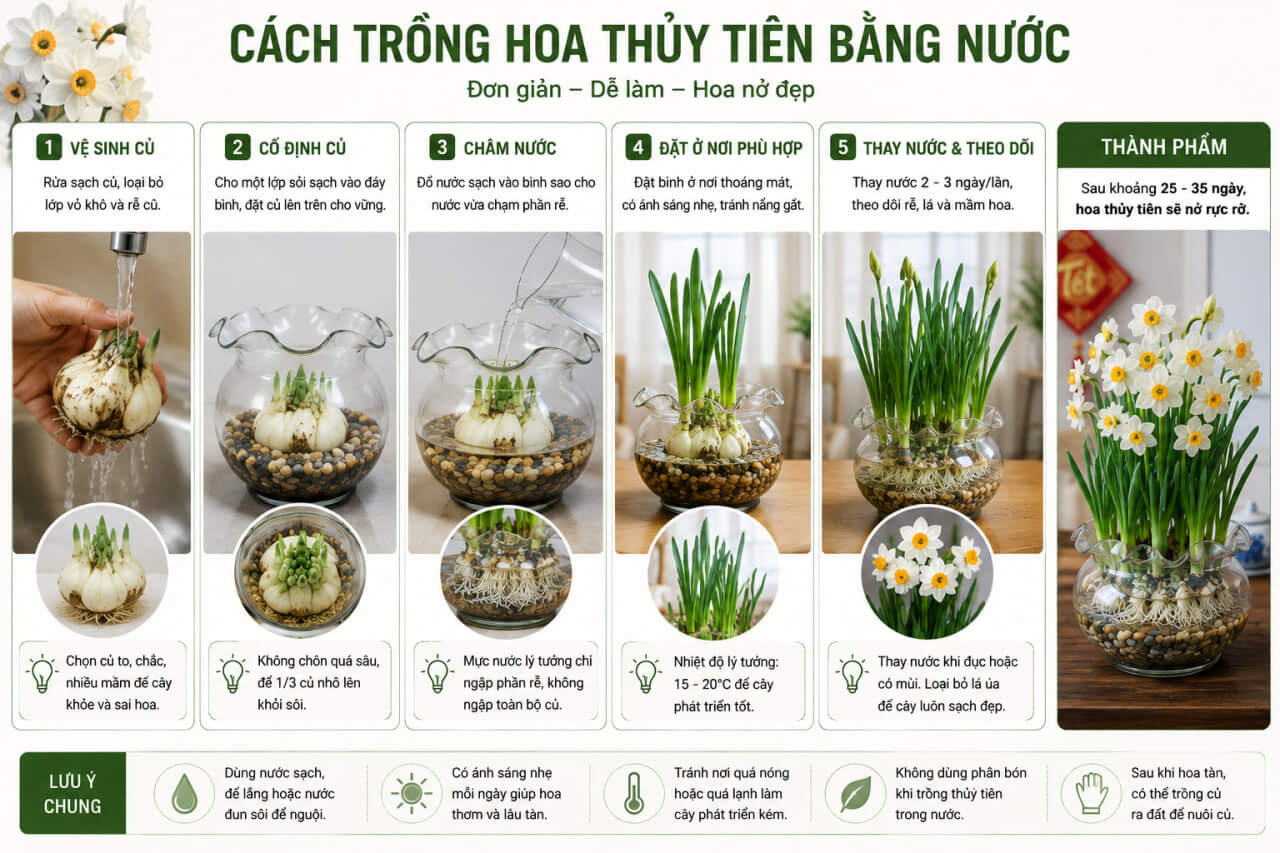 Cách trồng hoa thủy tiên bằng nước trong bình thủy tinh